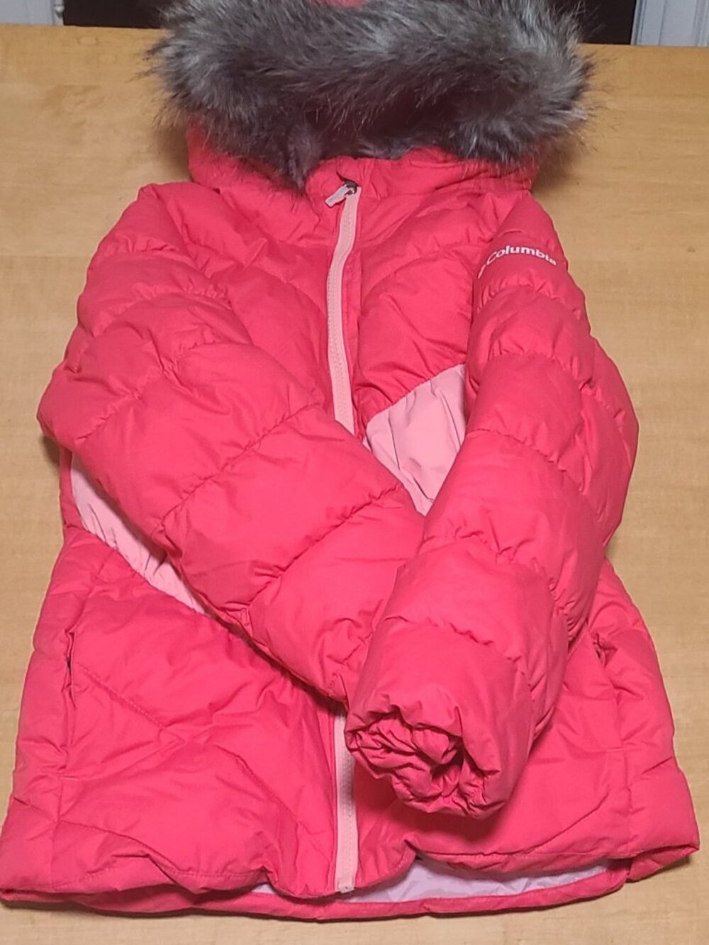 Columbia Girls' Puffer Jacket, Coral/Red, Faux-Fur Hood, Size S (7/8)